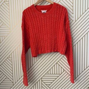 Aerie Mini Cable Knit Cropped Long Sleeve Sweater‎ Resort Red ribbed hems XL